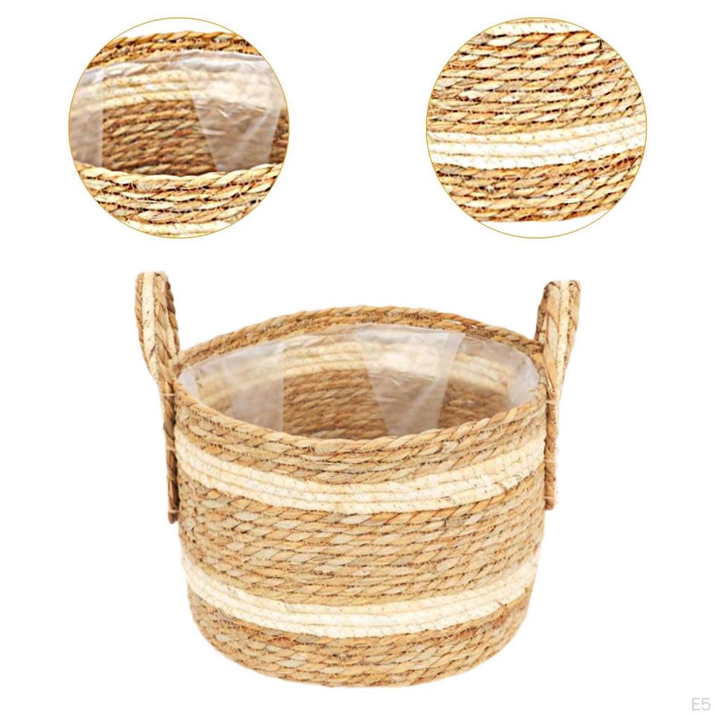 Woven Planter Basket Plant Pot Cover Decorative Wrap Organizer with Liner Handles for Yard