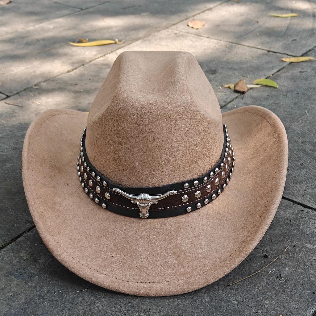 Retro Suede Leather Western Cowboy Fedora Hat For Men Women Bull Head Accessories Fashion Travel Party Hat Denim Hat Sombrero