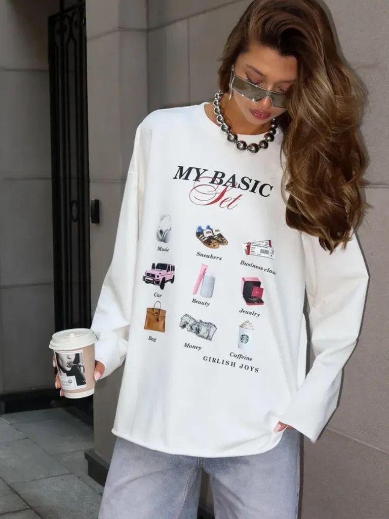 2025 Early Autumn Trendy Loose-Fit Long-Sleeve T-Shirt for Women - European & American Style, Pure Cotton, Fun Print
