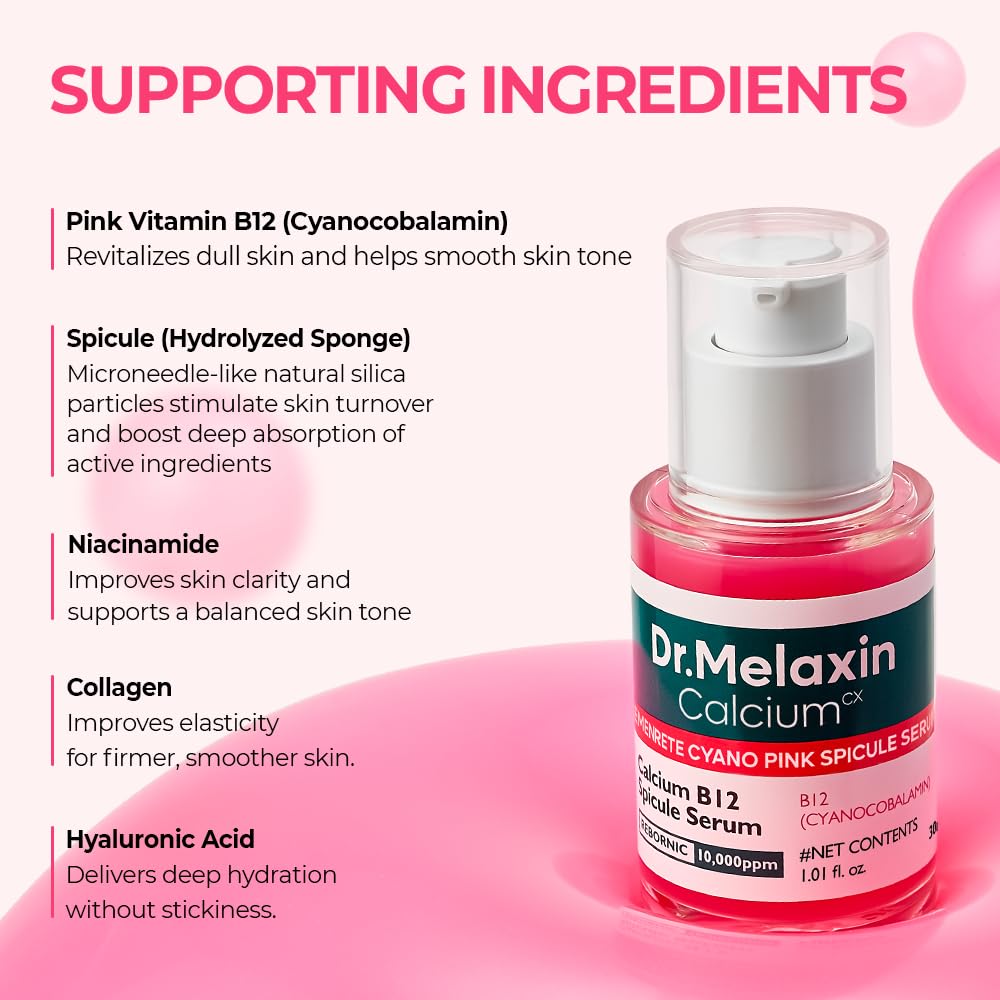 Dr.Melaxin Cemenrete Cyano Pink Spicule Serum with Calcium, korean skin care pore tightening refines spicule microneedling serum 1.01 fl. oz.