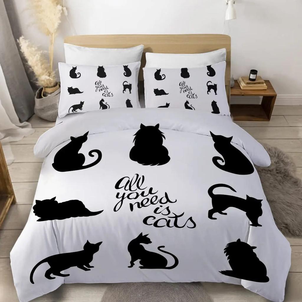 Black Cat Theme Duvet Cover Three-Piece Set Black And White Kitten Print Bedding Set Quilt Cover Pillowcase