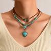 Jewelry Retro Imitation Turquoise Collarbone Chain Niche Ethnic Wind Leaf Love Cow Head Inlaid with Turquoise Multi-layer