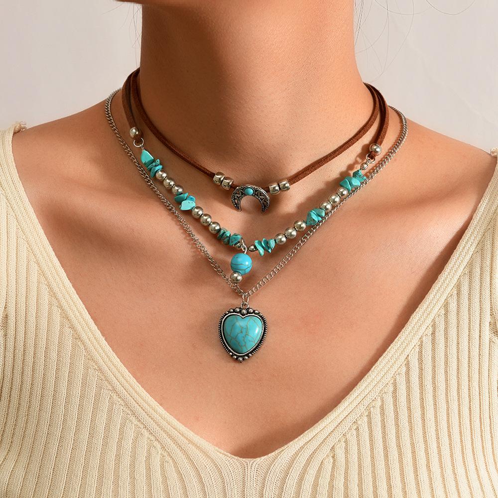 Jewelry Retro Imitation Turquoise Collarbone Chain Niche Ethnic Wind Leaf Love Cow Head Inlaid with Turquoise Multi-layer