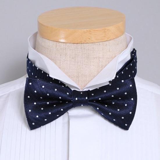 [Ojie] Bow Tie, 100% Silk, Polka Dot Pattern, Made in Japan, Formal, Wedding, Reception, After-Party, Party, Casual, Navy Blue