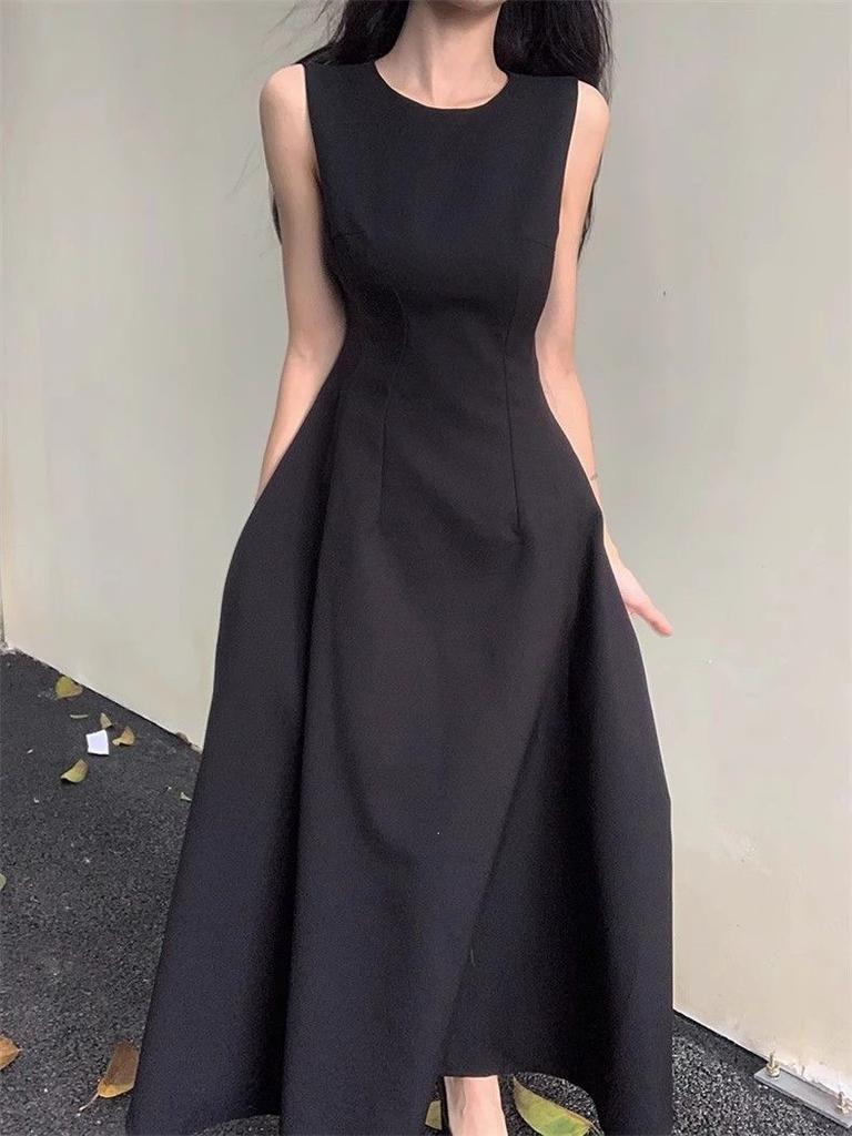 Solid color dress children's summer new French temperament high-end sleeveless vest waist thin dress