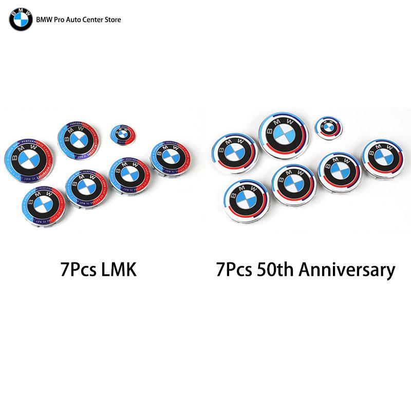 For BMW 7Pcs/Set 50th Anniversary LMK 82mm Front Hood 74mm Rear Emblem 68mm 56mm Wheel Hub Covers 46mm Steering Wheel Sticker Fo