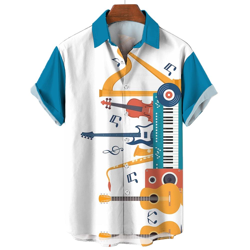 Hawaiian Rock Beach Shirt For Men 3d Saxophone Guitar Printed Colorful Music Short Sleeve Casual Oversized Tops Blouse