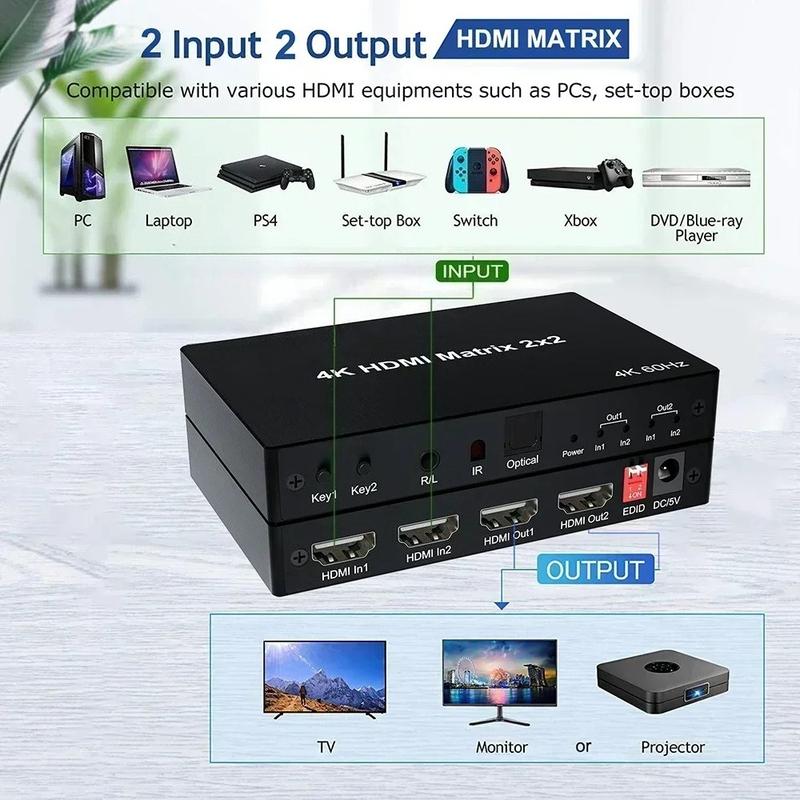4K 60Hz 2x2 HD Matrix 2 In 2 Out HD Switcher Splitter Audio Extractor Video Converter for PS4 Laptop PC To TV Projector