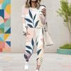 Women Plus Size Two Piece Set Round Neck Long Sleeve Geometric Printed Cuffed Top Cuffed Pants With Pockets