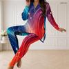 Women Plus Size Two Piece Pants Set Half Zip Long Sleeve Blue Star Printed Longline Top Fitted Pants