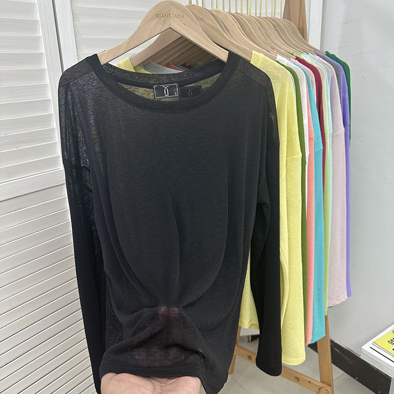 Dámský top s dlouhým rukávem v jednobarevném provedení, letní mikroprůhledný styl, tričko s kulatým výstřihem, korejské minimalistické dámské oblečení