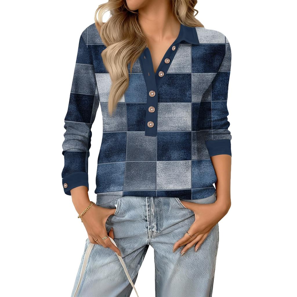 Women's Retro Street Lazy V,neck Long Sleeve Button Plaid Print Pullover Top