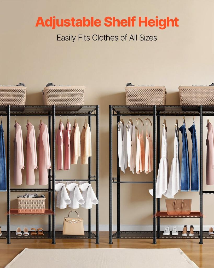 Clothing Garment Rack, Heavy Duty Closet Wardrobe, Adjustable Tiers Clothes Racks with Steel Frame, 499 kg Load Capacity Clothes Rack with 4 Hanging
