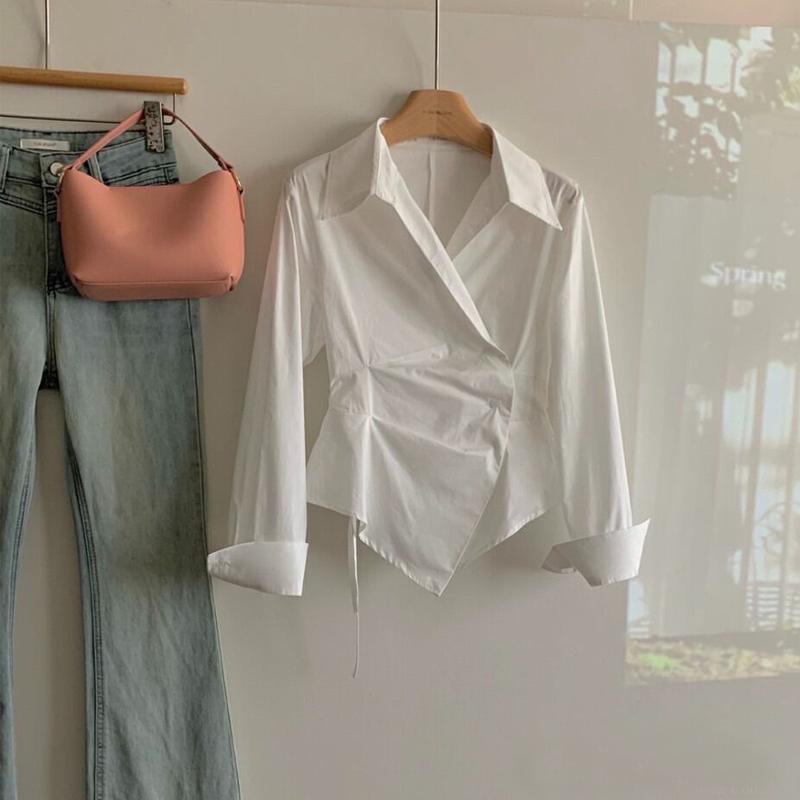 Women Fashion Retro Striped Print Ruched Irregular Design Shirts Office Lady Elegant Lace Up Blouse Casual Long Sleeve Slim Tops