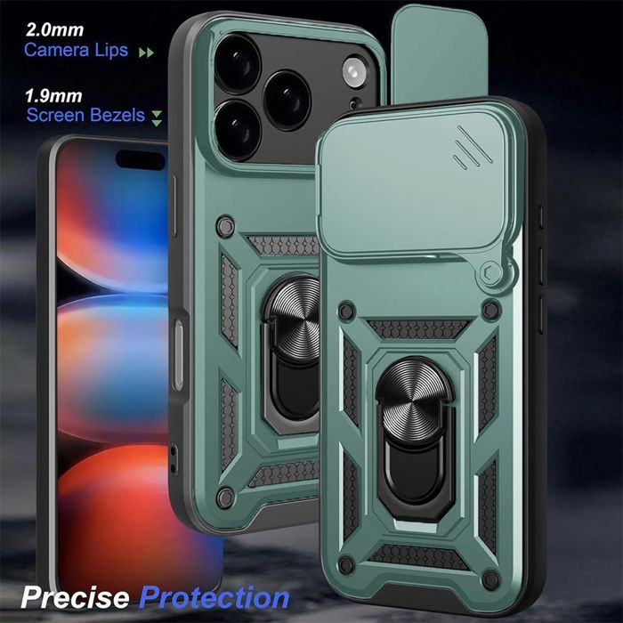 Coque pour iPhone 18 Pro, Antichoc avec Anneau et Protection Caméra Coulissante - Vert Nuit