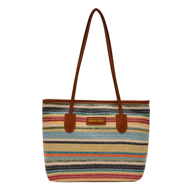 Summer Versatile Large-capacity Colorful Hand-woven Bag Casual Vacation Beach Bag Rainbow Shoulder Underarm Tote Bag