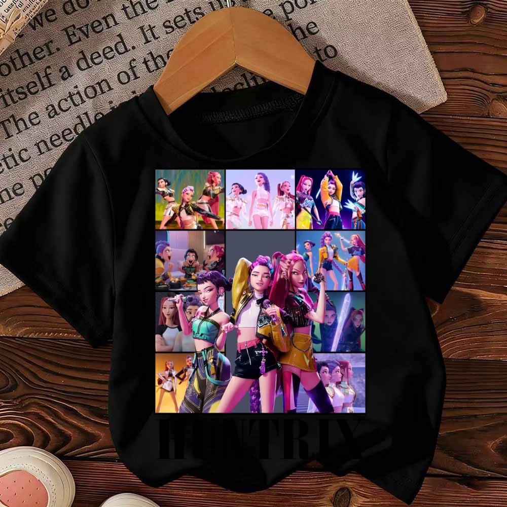 KPop Demon Hunters T-shirt for Children Cartoon Black Tee Top Girls Round Collar Short Sleeve Clothes Kids Summer Clothing Gift