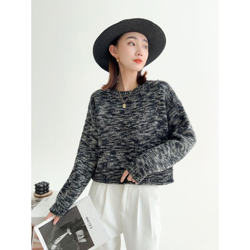 Retro autumn and winter crew neck pullover sweater women's casual variegated top splicing soft waxy short versatile knitted sweater top