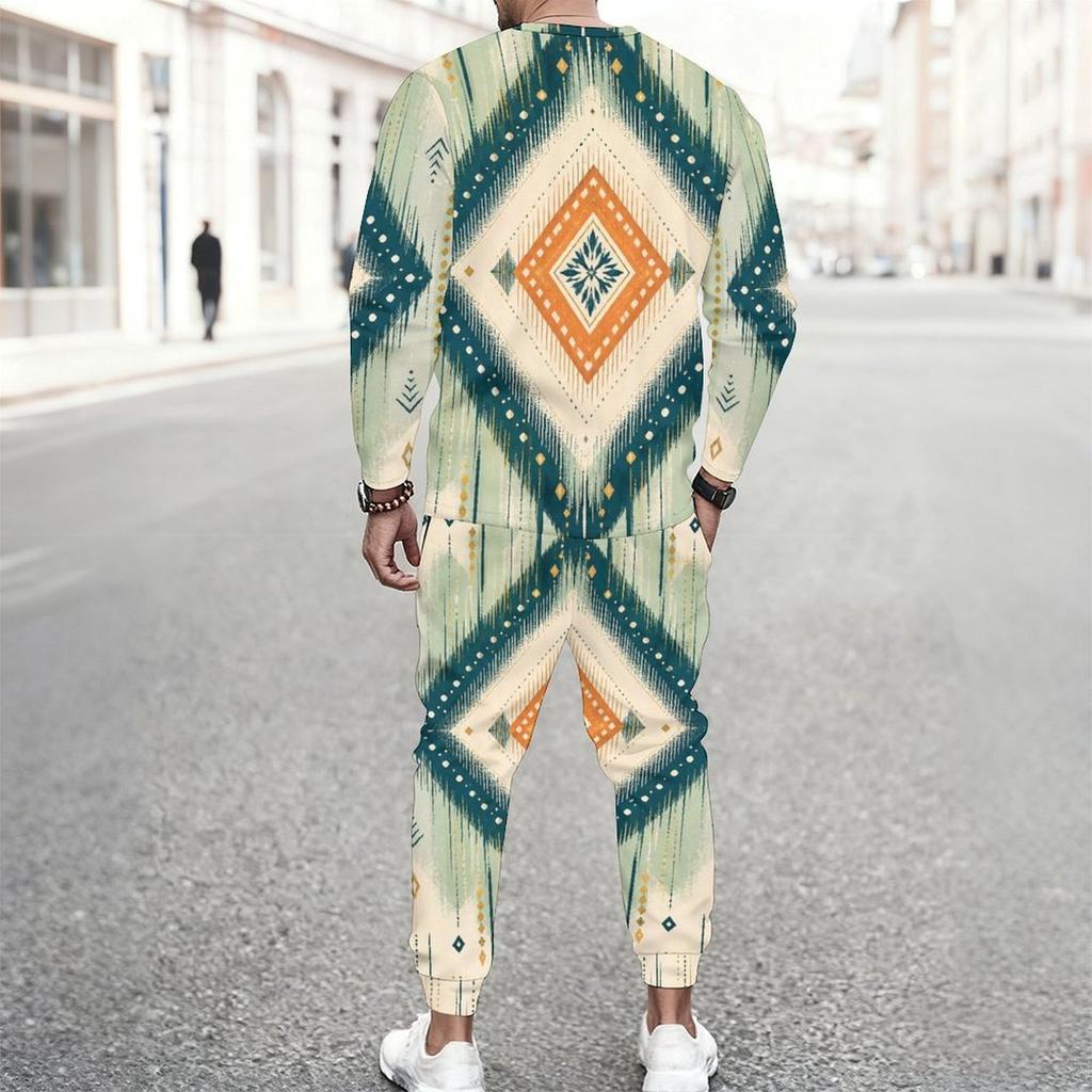 Men Plus Size Geometric Printed Casual Two Piece Set Round Neck Long Sleeve Top Cuffed Pants