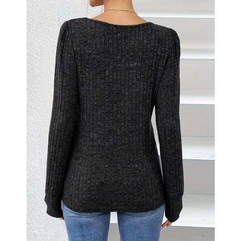 Autumn and Winter Solid Color Round Neck Button Top Long Sleeve Loose Women's T-shirts