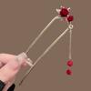 Elegant Red Velvet Rose Hair Stick with Golden Metal Frame Zircon Accent And Red Bead Tassel Retro Hanfu Style Hair Accessory