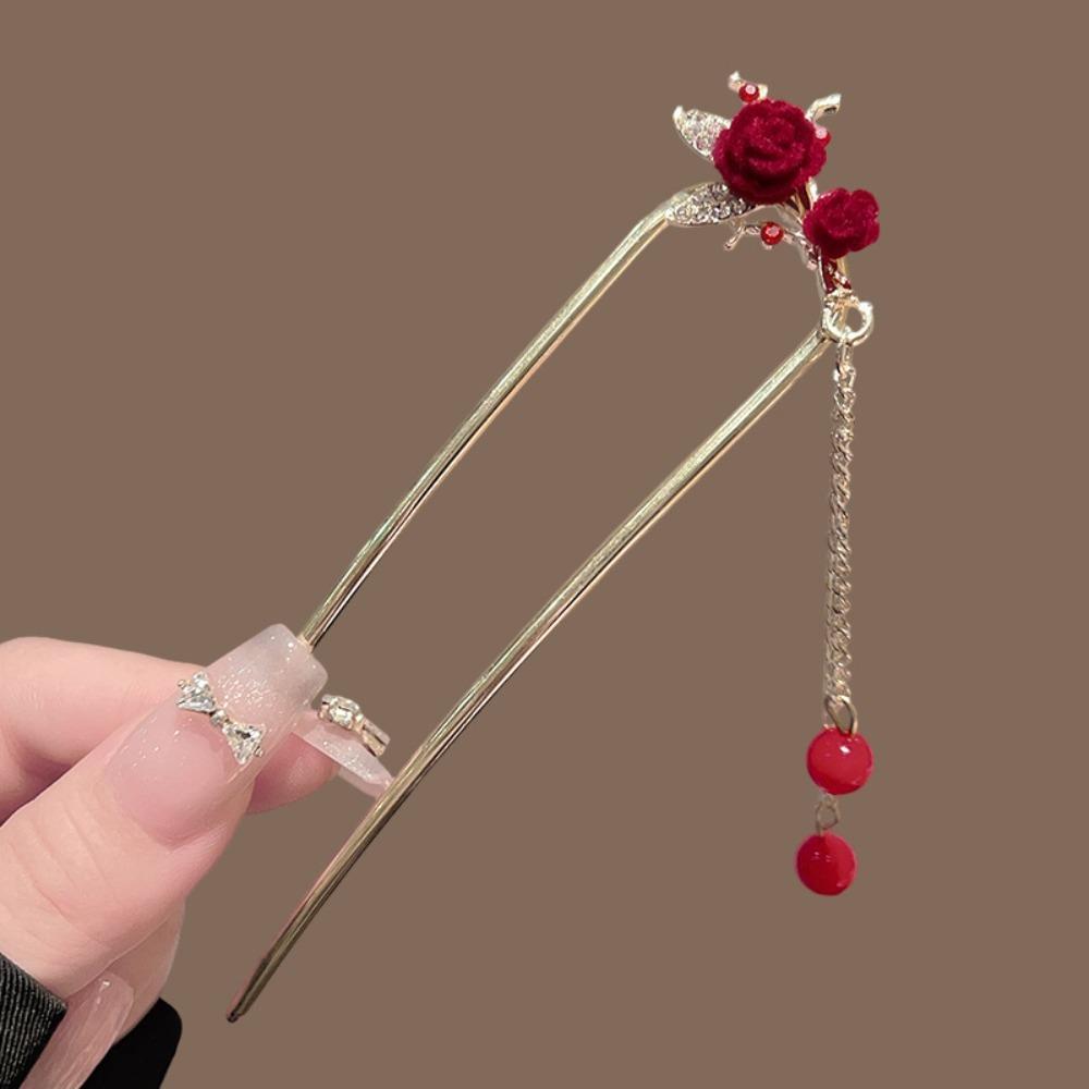Elegant Red Velvet Rose Hair Stick with Golden Metal Frame Zircon Accent And Red Bead Tassel Retro Hanfu Style Hair Accessory