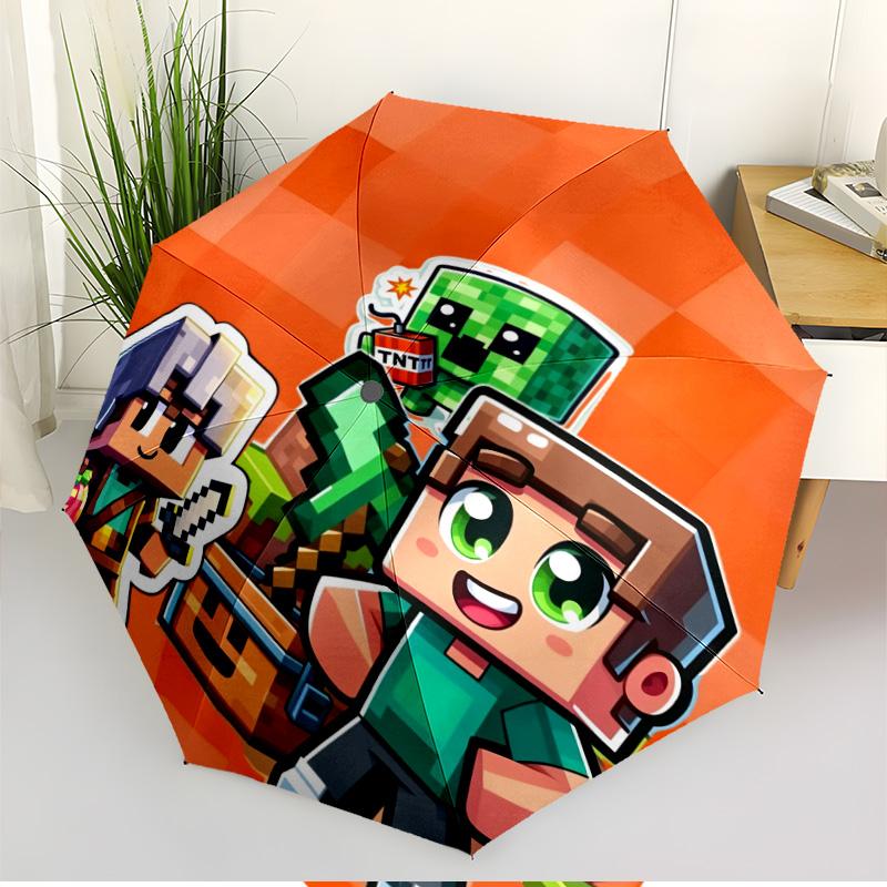 Sandbox Game Print Automatic Open Close Umbrella, Portable Foldable Umbrella, for Outdoor Commute Camping Trip, Ideal Birthday Gift