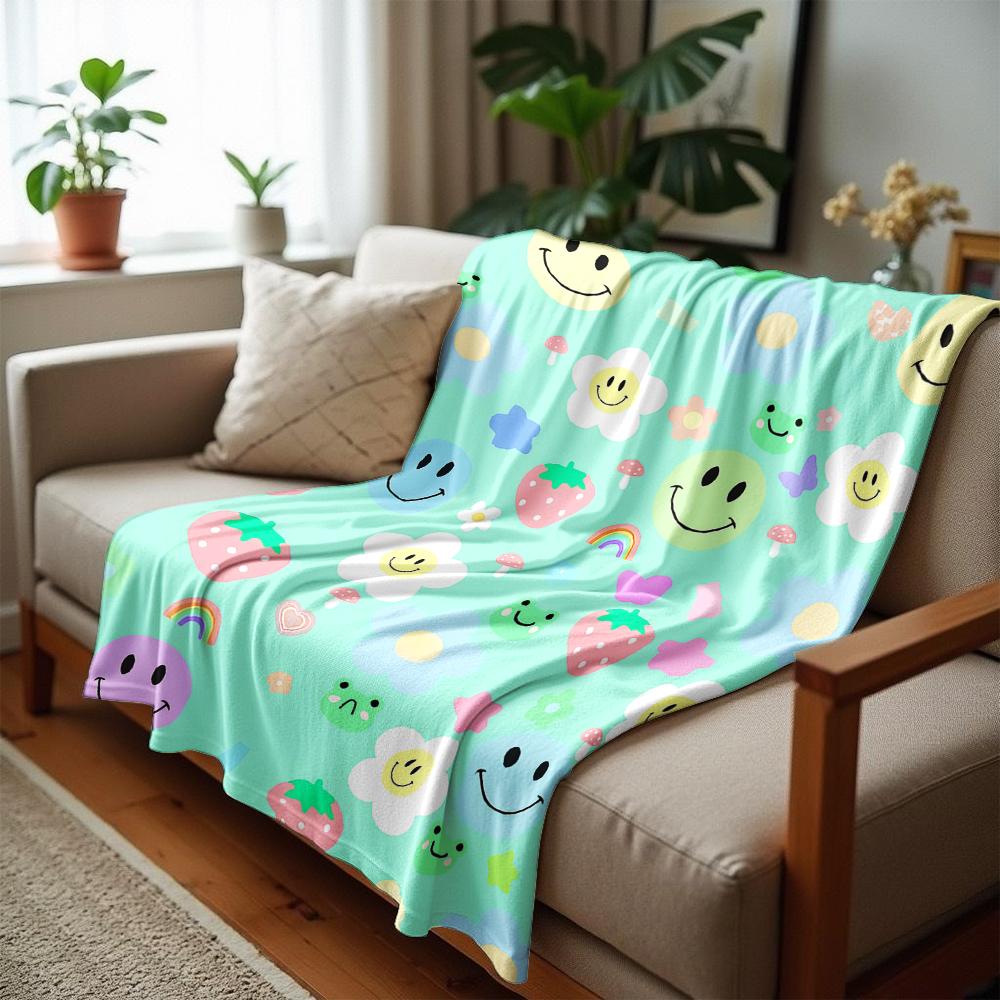 Mint Cute Mix Cartoon Sticker Cartoon Anime Print Flannel Blanket Soft Warm Throw for Kids Bedroom Sofa Christmas Office Car