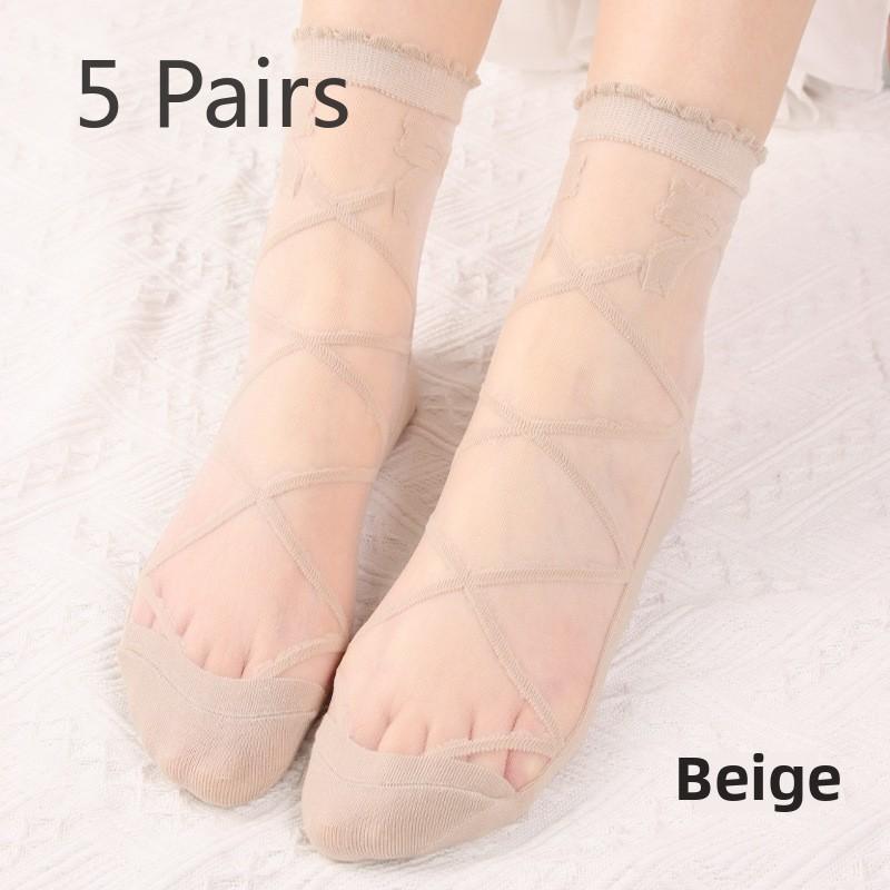 

5 пар женских весенних носков, тонкие прозрачные шелковые носки, чулки с бантом, впитывающие, дышащие, трубчатые, кристаллические носки 5 Pairs бежевый