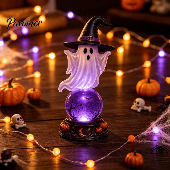 Gothic Home Decor Halloween Lighted Faux Crystal Ball Decor, Crow/Ghost/Bat/Owl on LED Ambient Light for Bedrooms Lamp with Tabletop Mantel