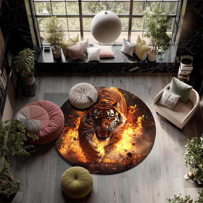 Flame Tiger,Round Area Rug,Carpet Rug for Living Room Bedroom Sofa Playroom Decor,Non-slip Floor Mat