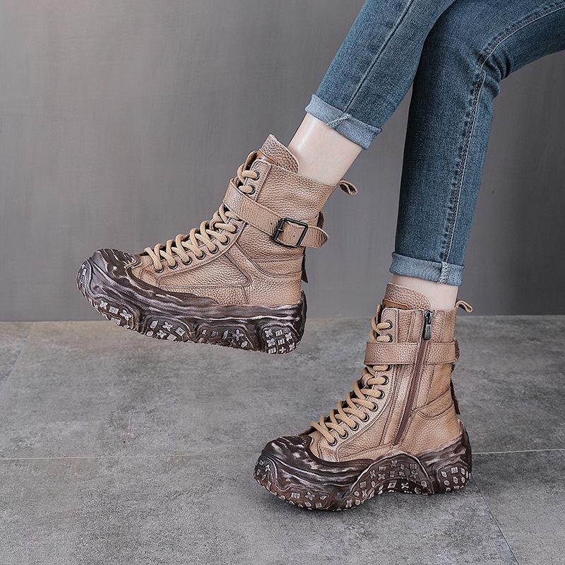 Damen Vintage Leder Motorrad Stiefeletten - Dicke Sohle, Martin Stil, Herbst/Winter Kollektion, Plus Baumwollfutter.