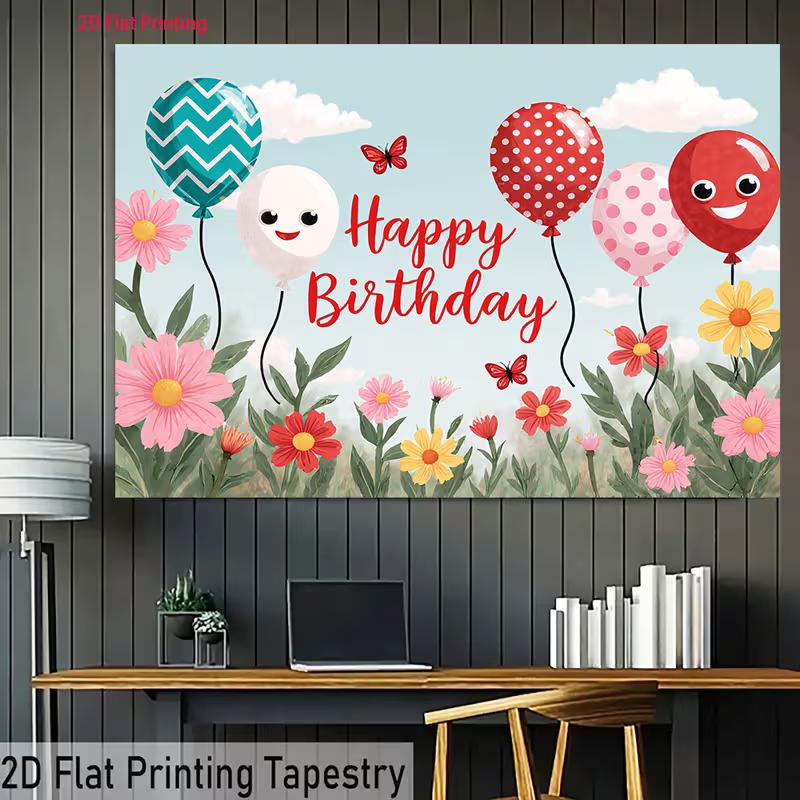 2D Kids Birthday Backdrop with Smiling Balloons, Flowers and Butterflies