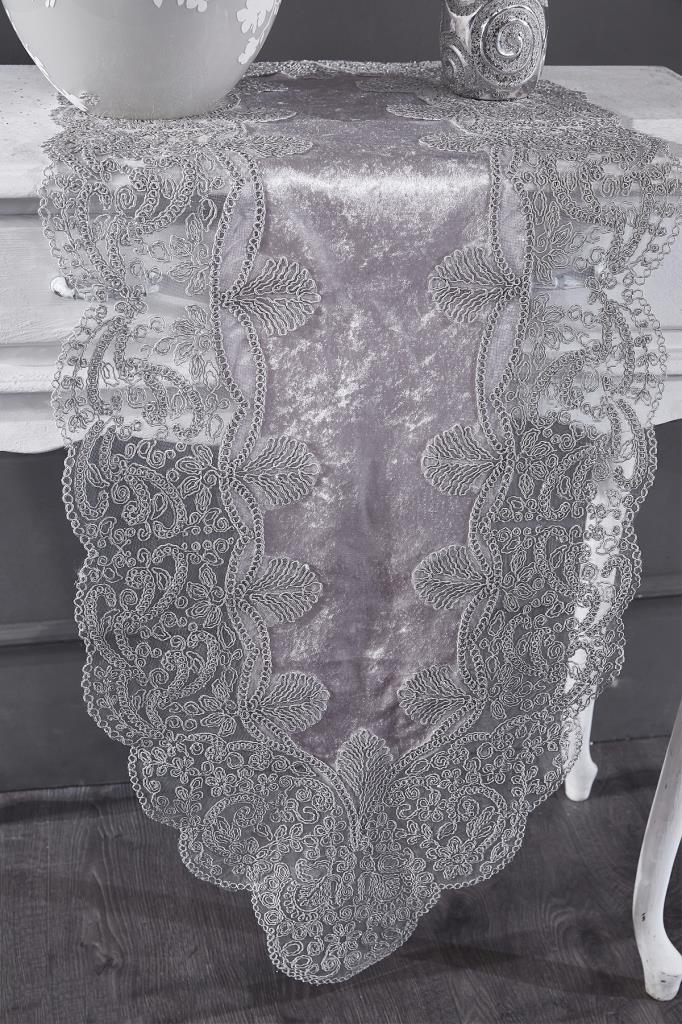 Sirma Velvet Runner Set 5 Pieces For Living Room, French Lace, Wedding, Home Accessories, Grey