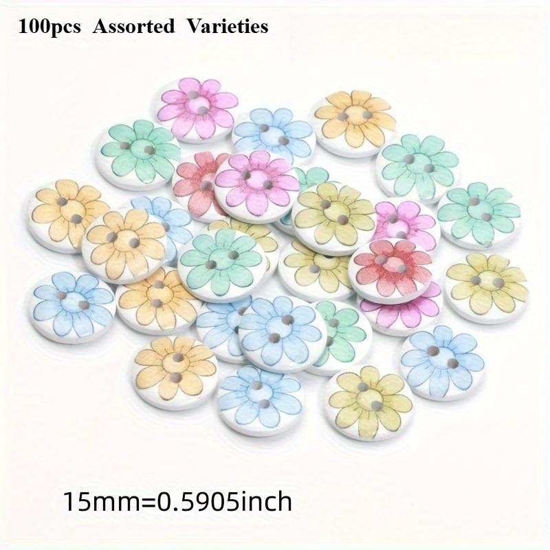 100pcs Assorted Colors 15mm Wooden Flower Buttons - Decorative Floral Wood Beads for Crafts, Ideal for DIY Jewelry Making, Sewing, and Scrapbooking