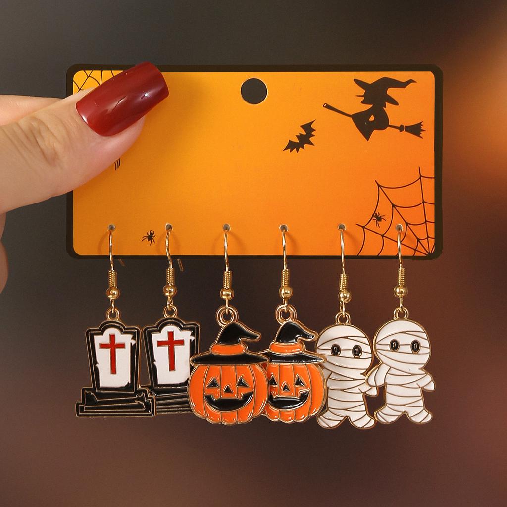 Hot Selling Accessories Cute Cartoon Style Ghost Pumpkin Head Design Pendant Earrings Set Halloween Earrings Girl