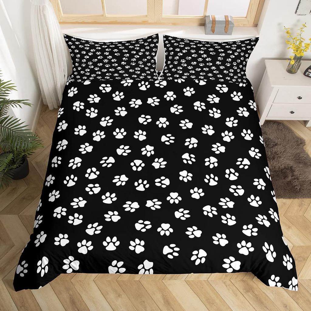 Dog Paw Print Duvet Cover Set Queen Size, Bone Pattern Bedding Set 3pcs For Kids Teens Room Decor, Pet Animals Comforter Covers