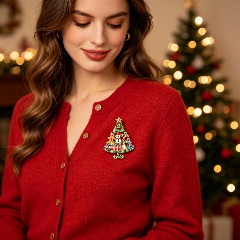 Holiday Brooch Pin Christmas Tree Design with Snowman Accent, Gold Tone Zinc Alloy Stone Detail Jewelry for Winter Coats Scarves Bags and Hats