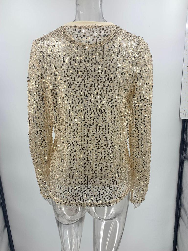 2024 European & American Sequin Mesh Slim-Fit Long-Sleeve Top