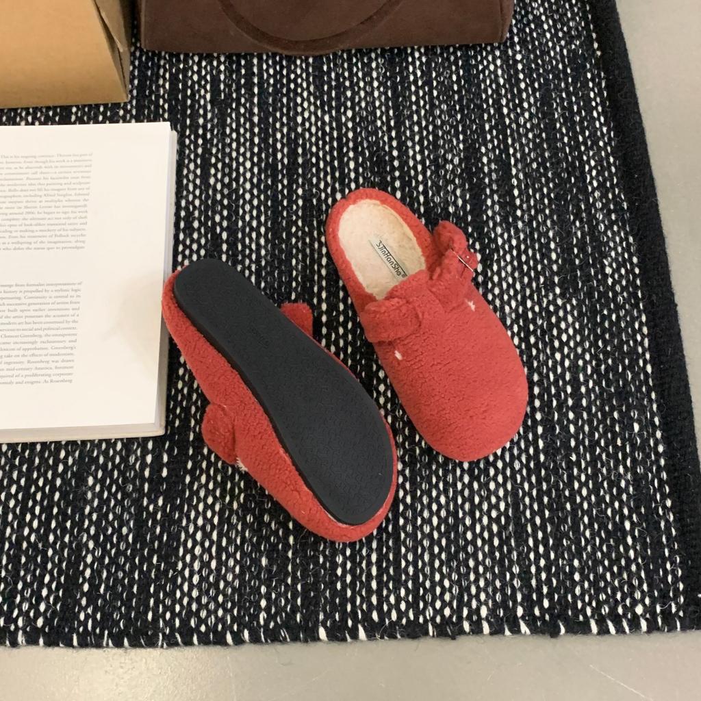 2025 Autumn and Winter New Round Head Lamb Wool Belt Buckle Thick Bottom Bag Head Lazy Wearing Women's Slippers