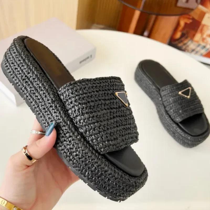 

New 2025 Summer Best Seller Handmade Knitted Thick Bottom Slippers Women s Casual Fashionable Rubber Outdoor Fashion Slippers 42 чорний