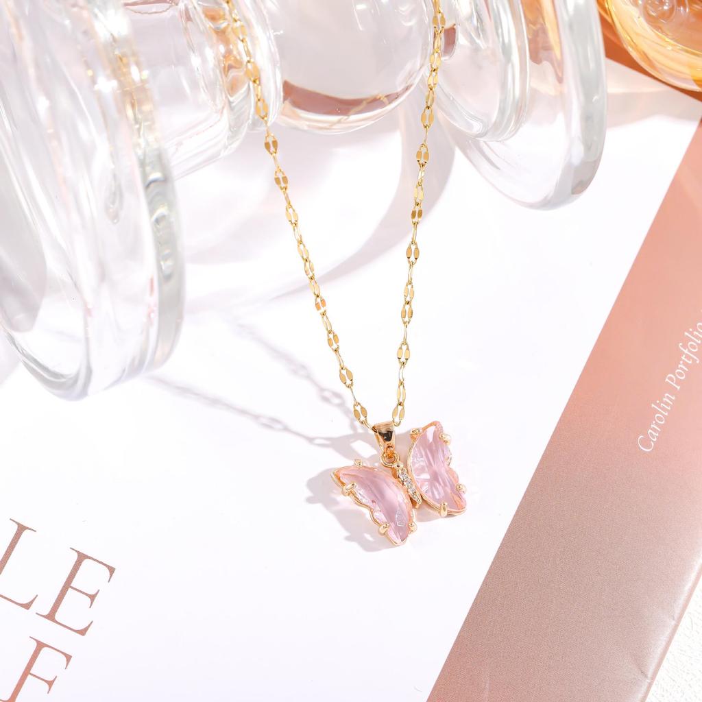Iridescent Gradient Butterfly Necklace with Zirconia Rhinestones - Titanium Steel Clavicle Chain Pendant.