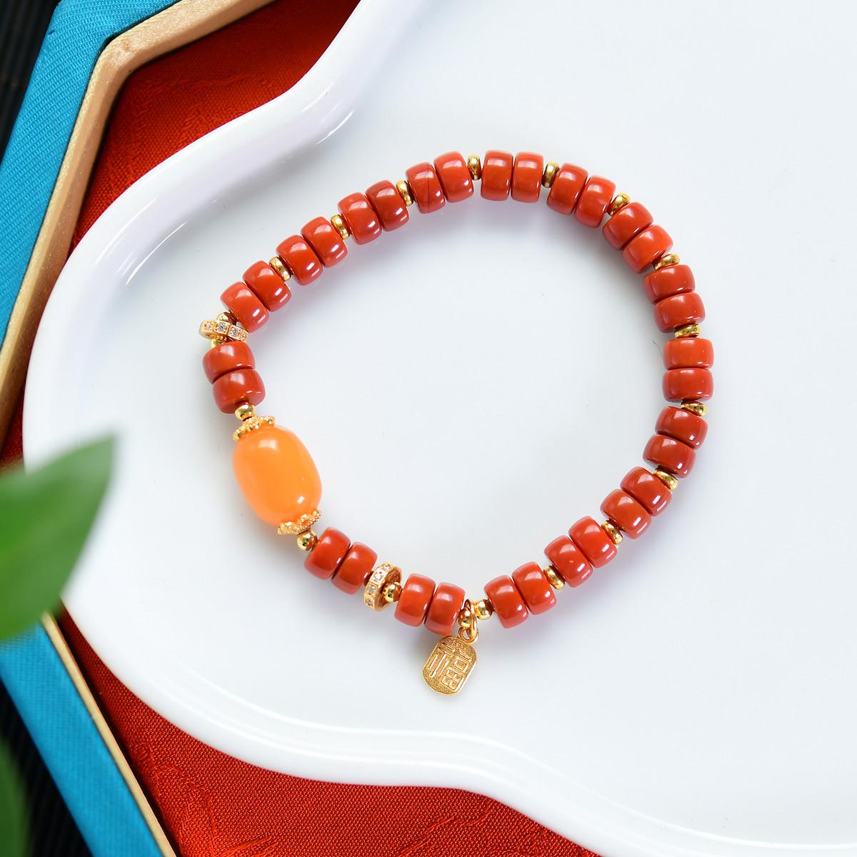 

South Red Agate Amber Bead Bracelet with 925 Silver Fu Brand 6mm