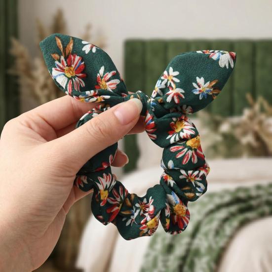 Hair Tie Floral Print Rabbit Ear Decor Hair Rope High Elasticity Bun Half-Tied Hairstyles Ponytail Holder Hair Accessory