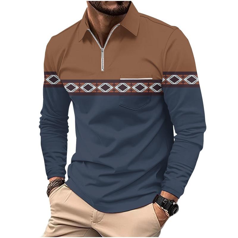 Men's Printed Polo Shirt with Zipper Pocket Sports Long Sleeved Polo Shirt