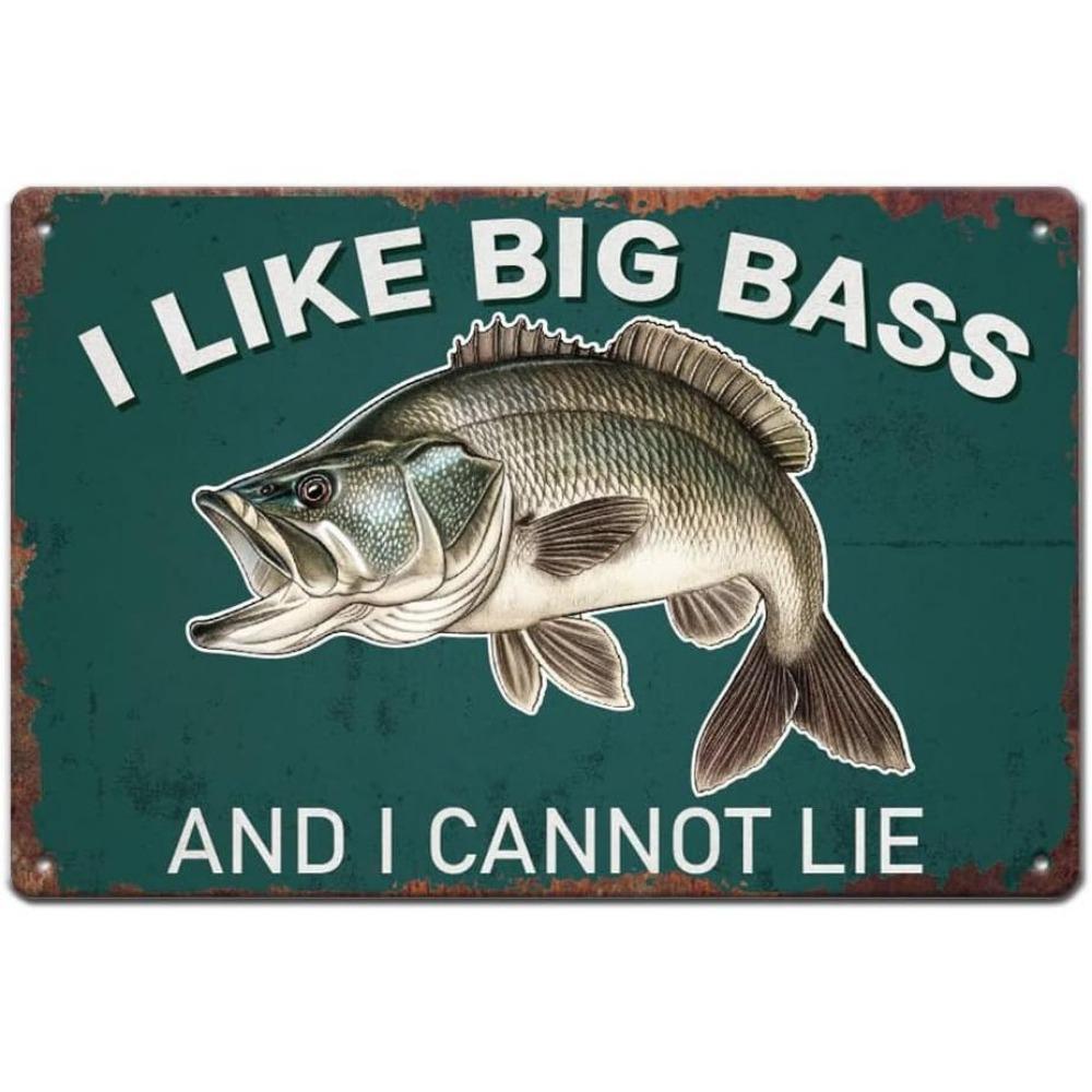 SUPERDANT Vintage Fishing Metal Tin Sign I Like Big Bass Retro Wall Art Iron Multipurpose No Electricity Needed for Man