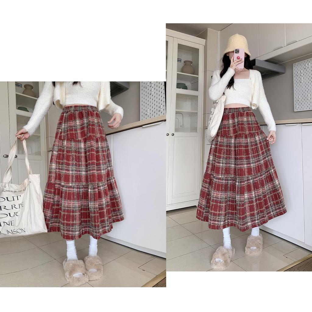 Volen Check Lacquer Check Loose Beautiful Women's Skirt, Fall/Winter, Skirt, Pattern, High-Waisted, A-Line, Flattering, Slimming, Fit, (YJP0035W-L)
