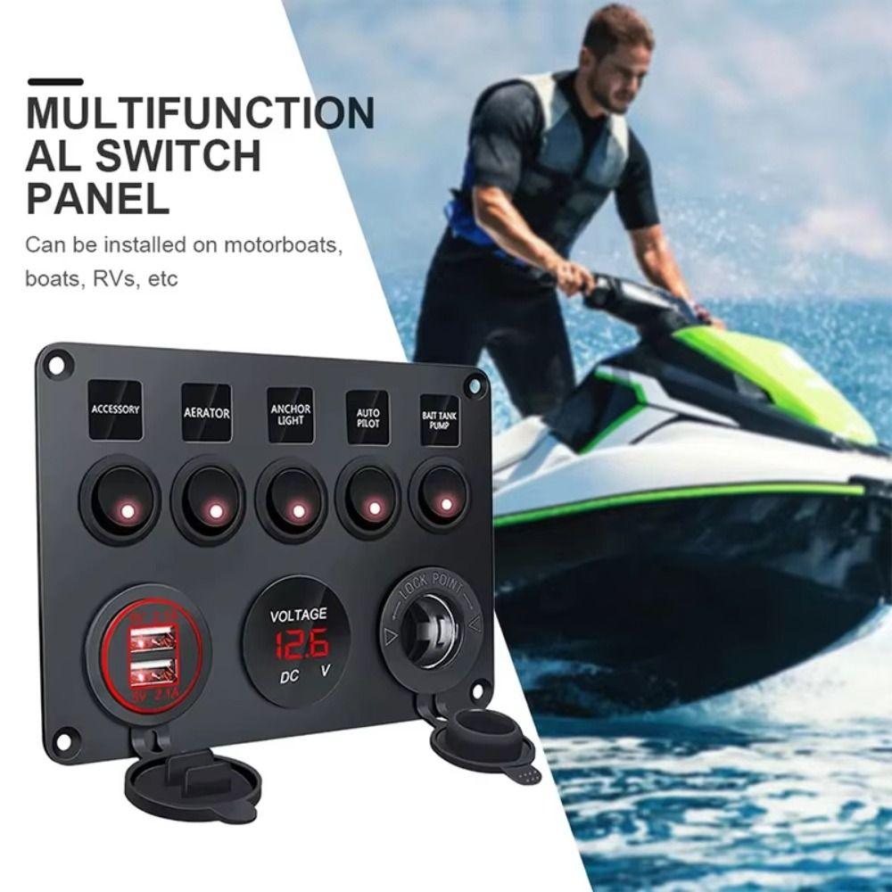 Dual USB Socket 5 Gang Switch Panel 12V/24V ON-OFF Toggle For Car Inline Fuse Box  RV