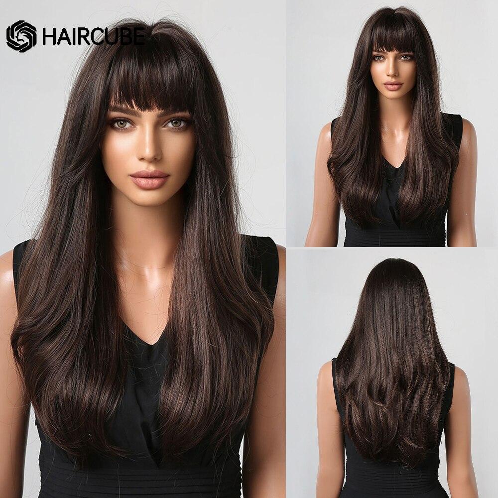 HAIRCUBE Brun Ombre syntetiske parykker Langt bølget hår Parykker for svarte kvinner med smell Daglig Cosplay Varmebestandige naturlige parykker