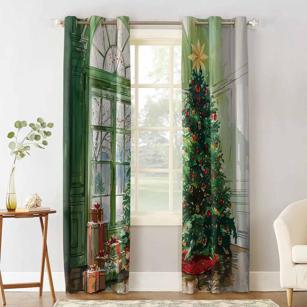 Christmas Tree Watercolor Lantern Gift Window View Blackout Curtains For Living Room Bedroom Window Treatment Blinds Drapes